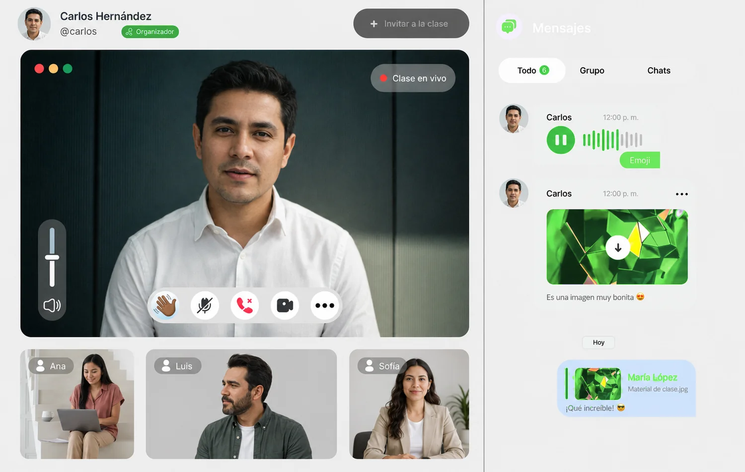 Clase en vivo del SEIP: el docente en pantalla completa, tres alumnos conectados y el panel de mensajes del grupo.