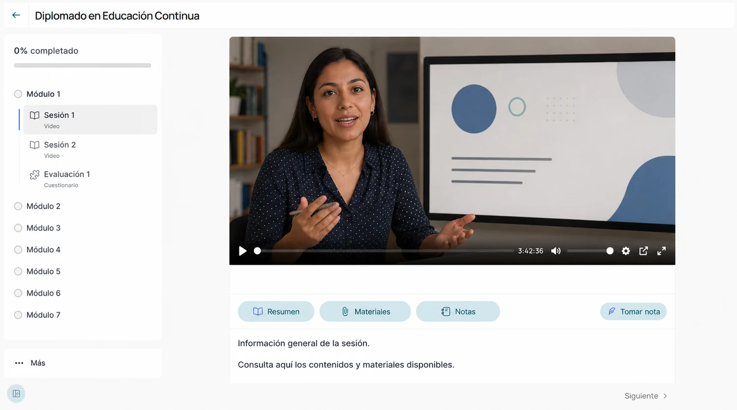 Vista de una sesión del programa en la plataforma: reproductor de video, avance por módulos y accesos a resumen, materiales y notas.